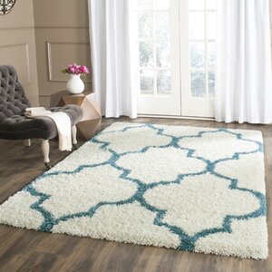 Kids Off-White And Teal Shag Area Rug