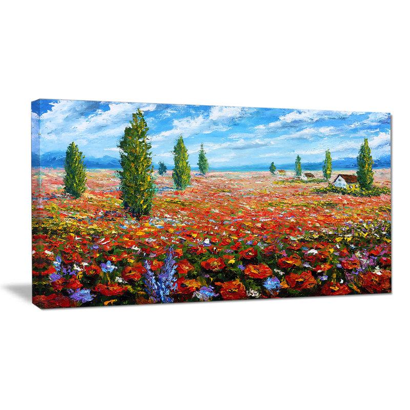 Designart Red Poppies Field Watercolor Large Flower Painting Print