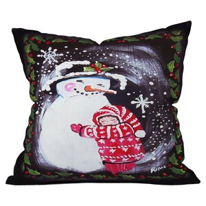 Snowman Hugs Girl Outdoor Throw Pillow