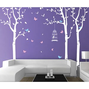 Three Birch Trees and Birdcage Wall Decal