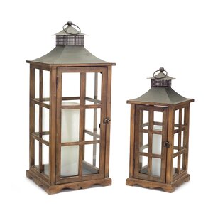 2 Piece Wood/Metal/Glass Lantern Set
