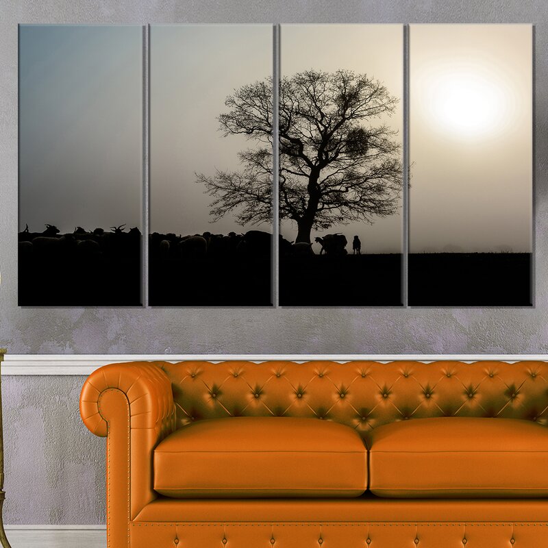 Designart Frosty Spring Morning Sunrise With Tree 4 Piece Wall Art On Wrapped Canvas Set Wayfair