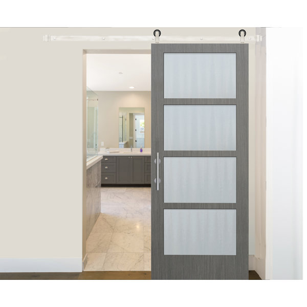 Prefinished 4 Lite Driftwood Solid Glass Wood Interior Barn Door by Creative Entryways