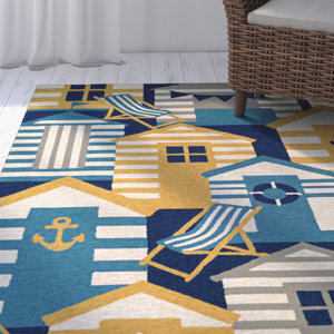 Seaside Beach Hut Blue/Brown Indoor/Outdoor Area Rug