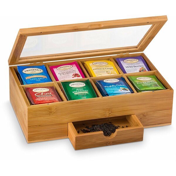 Bamboo Tea Box with 8 Storage Sections and Expandable Drawer by Belmint