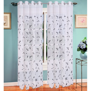 Birch Leaf Embroidered Nature/Floral Sheer Grommet Single Curtain Panel