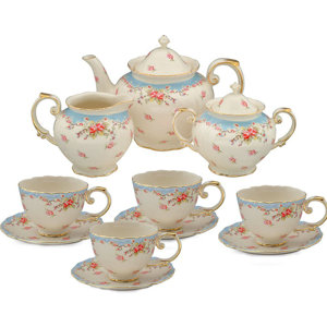Idris 11 Piece Vintage Blue Rose Porcelain Tea Set