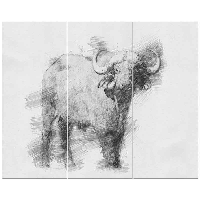 East Urban Home Black And White Buffalo Sketch Oil Painting