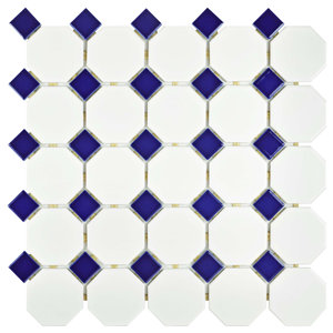 Retro Random Sized Porcelain Mosaic Tile in Matte White/Cobalt