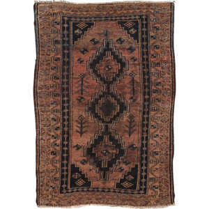 Hamadan Vintage Lamb's Wool Hand-Knotted Rose/Black Area Rug