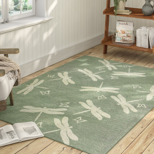 Castellane Dragonfly Field Hand Hooked Sage Green Indoor/Outdoor Area Rug by August Grove