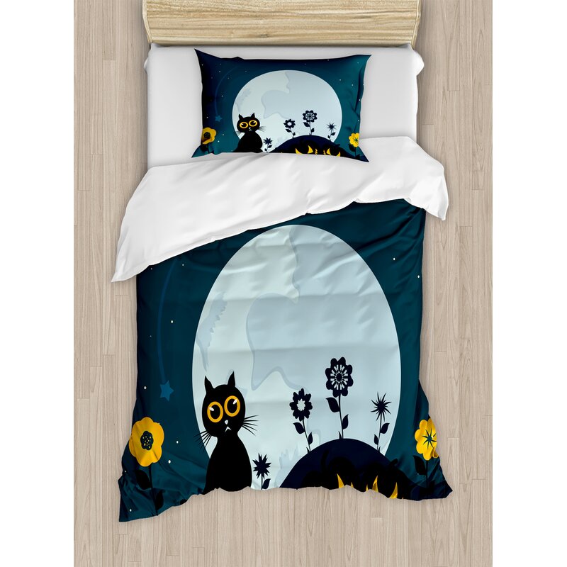 The Holiday Aisle Halloween Cute Cat Moon On Floral Field With
