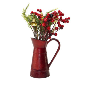 Christmas Decoration Berry and Foliage with Bell Floral Arrangement in Vintage Milk Jug