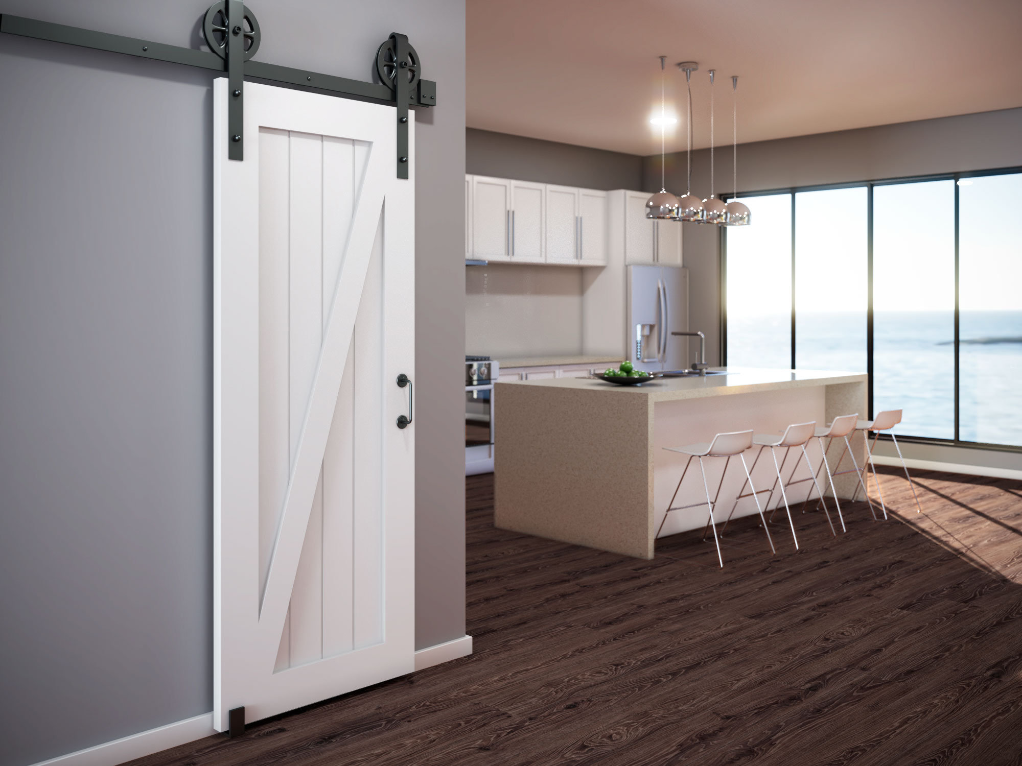 Eightdoors Paneled Wood Primed White Z Shape Barn Door Without