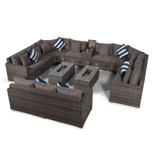 Villasenor Grey Rattan 8 Seat Sofa With 2 X Rectangle Ice Bucket Coffee Table and 3 Seat Sofa + Drinks Cooler, Outdoor Patio Garden Furniture Sol 72 Out