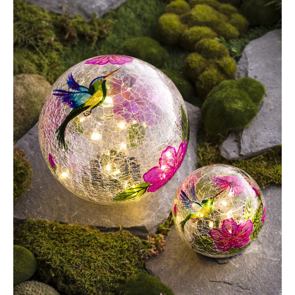 Hummingbird Crackle Glass Solar 2 Piece Gazing Globe Set by Plow & Hearth