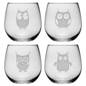 4 Piece Hoot 21 Oz. Stemless Wine Glass Set