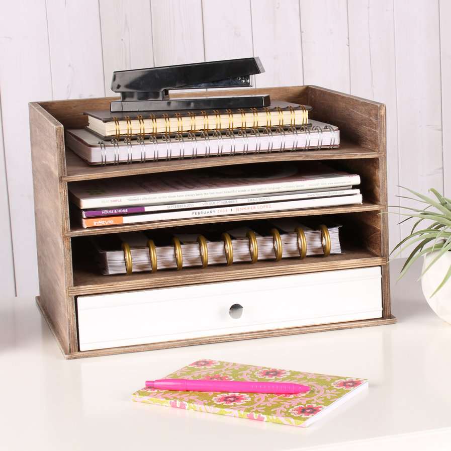 Industrious Desktop Wood Letter Tray with 3 Trays and Drawer