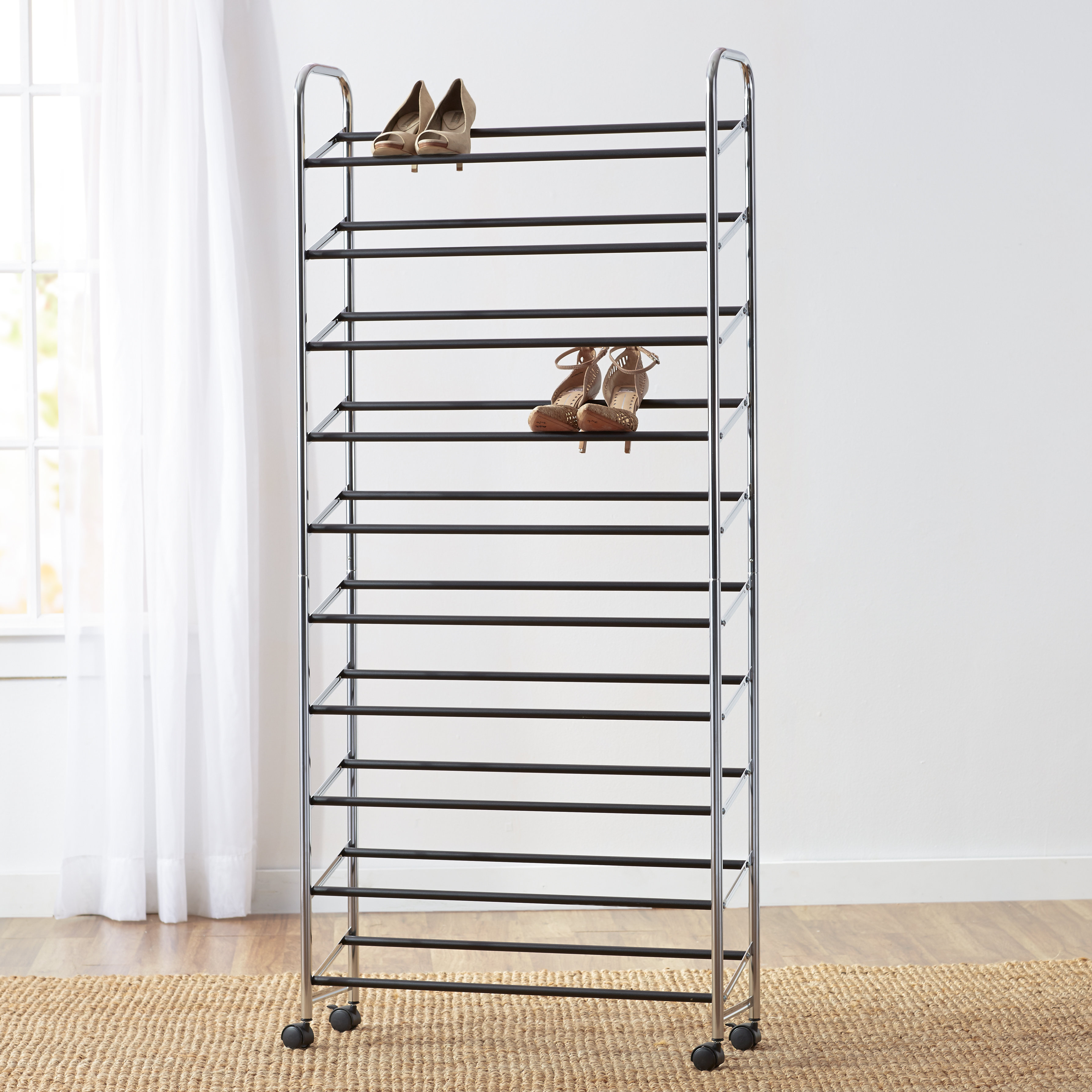 Organizer Professional Shoe Rack 50 Pair Chrome Wheels Tower Storage Closet Cart