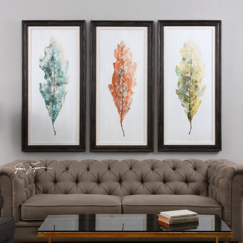 Brayden Studio Tricolor Leaves Abstract Art 3 Piece Framed