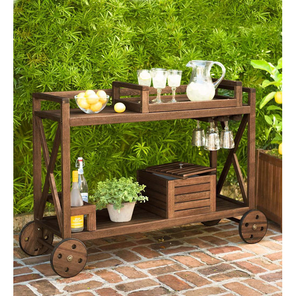 Claremont Eucalyptus Rolling Outdoor Bar Cart By Plow & Hearth 2019 Sale