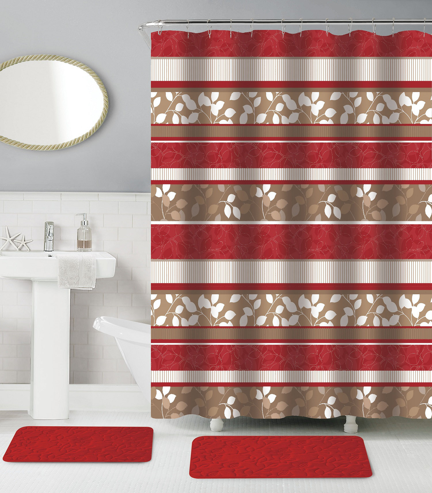 15 Piece Bathroom Set 12 Hooks 1 Shower Curtain 2 Memory Foam Bath Rugs