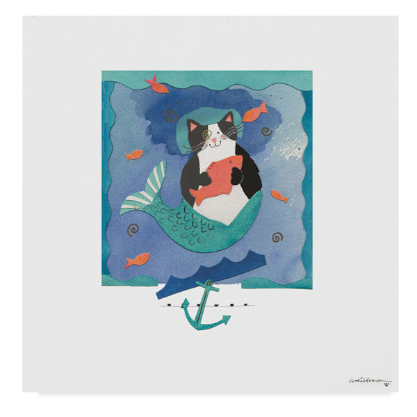 East Urban Home Tuxedo Mermaid Cat Watercolor Painting Print On