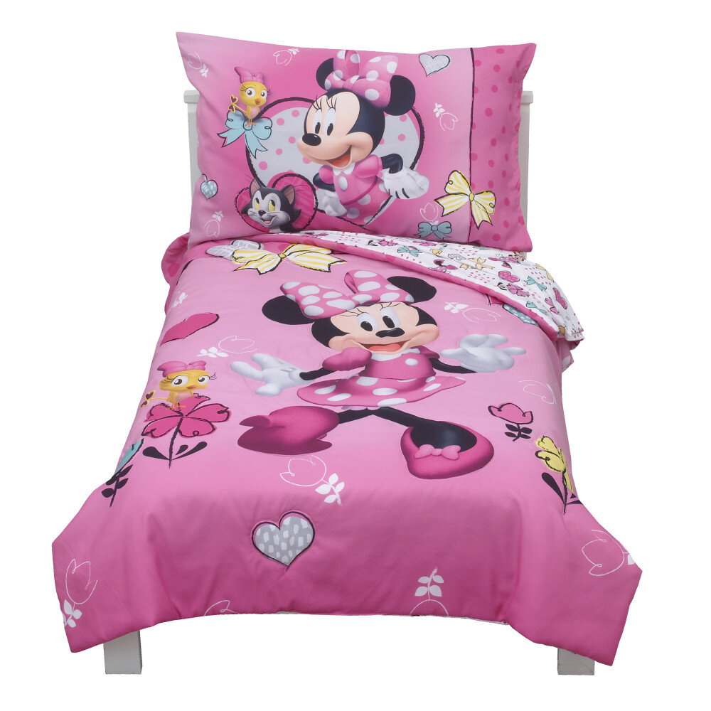 Disney Minnie Mouse 4 Piece Toddler Bed Set Quilt 2 Sheets Pillow Case Girl Pink 
