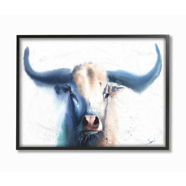 Union Rustic Bright White And Blue Watercolor Bull Painting By