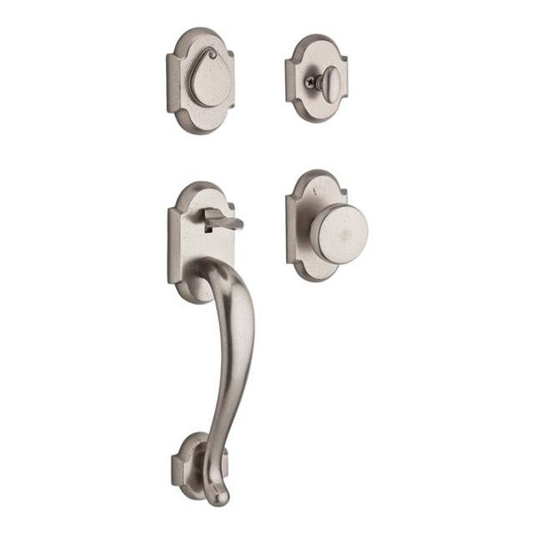 Adirondack Single Cylinder Handleset with Rustic Door Knob and Rustic Arch Rose by Baldwin