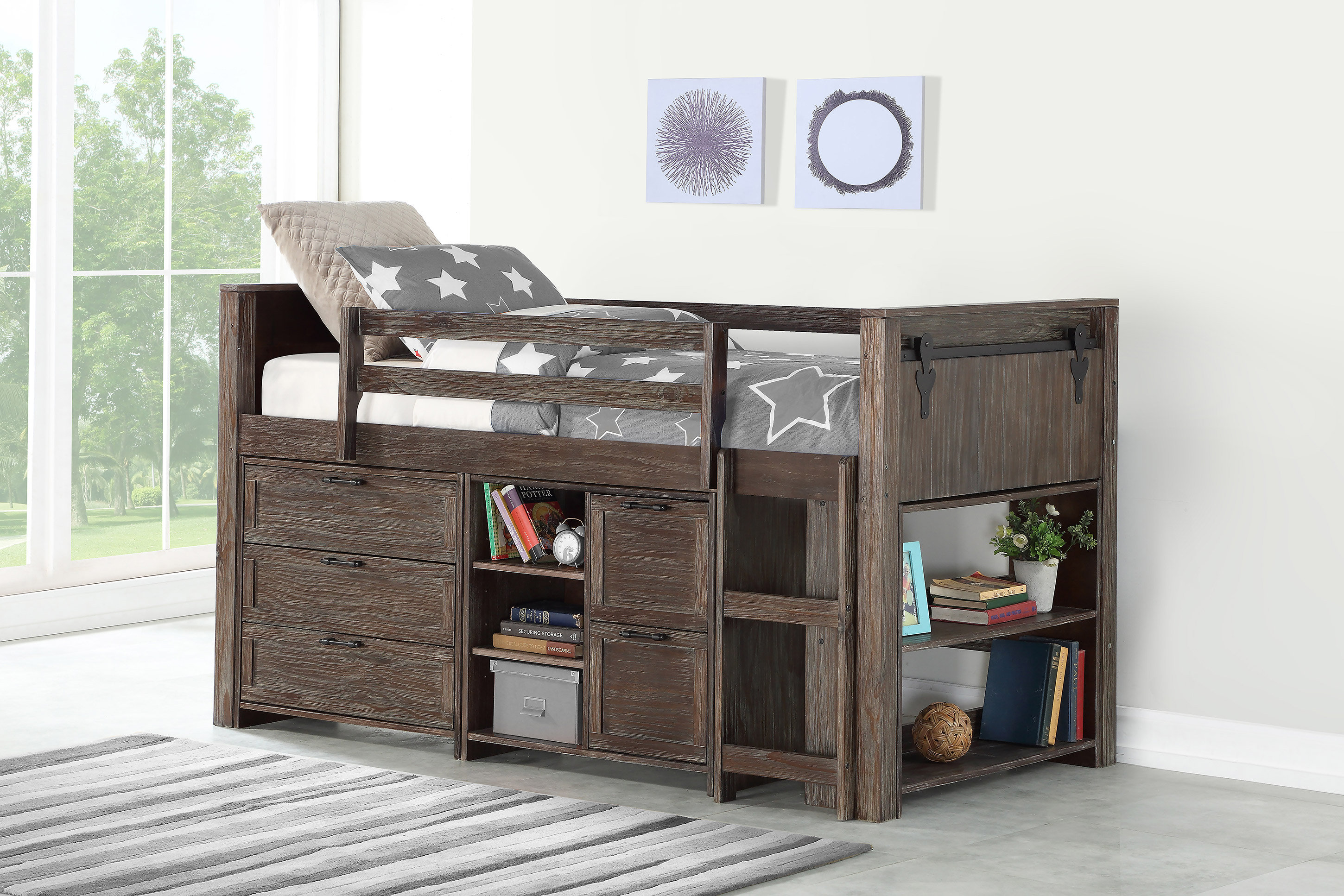 twin loft bed with dresser and bookcase