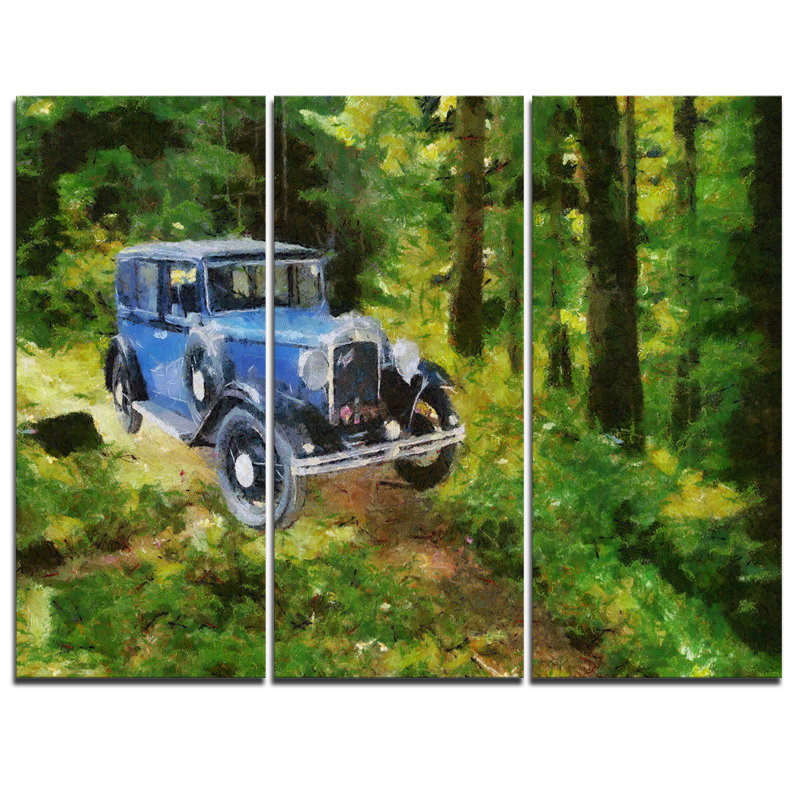Designart Blue Vintage Car Oil Painting 3 Piece Painting Print