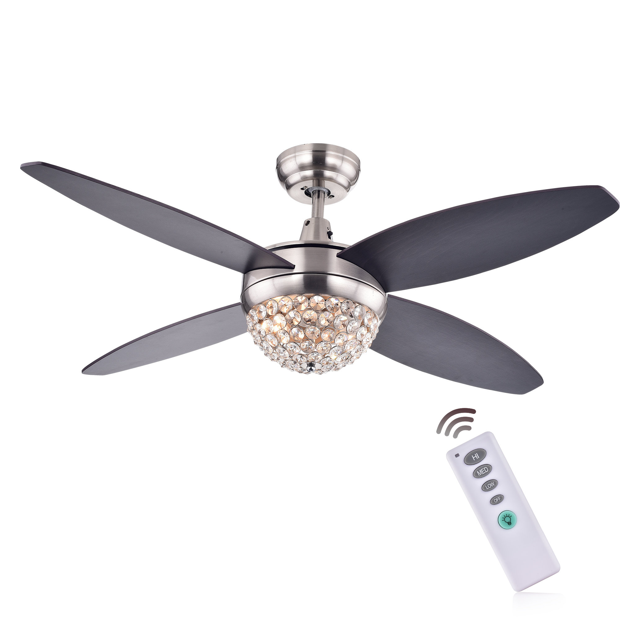 52 4 Blades Wood Satin Nickel Crystal Ceiling Fan With 2 Lights Remote Control Ceiling Fans Home Garden