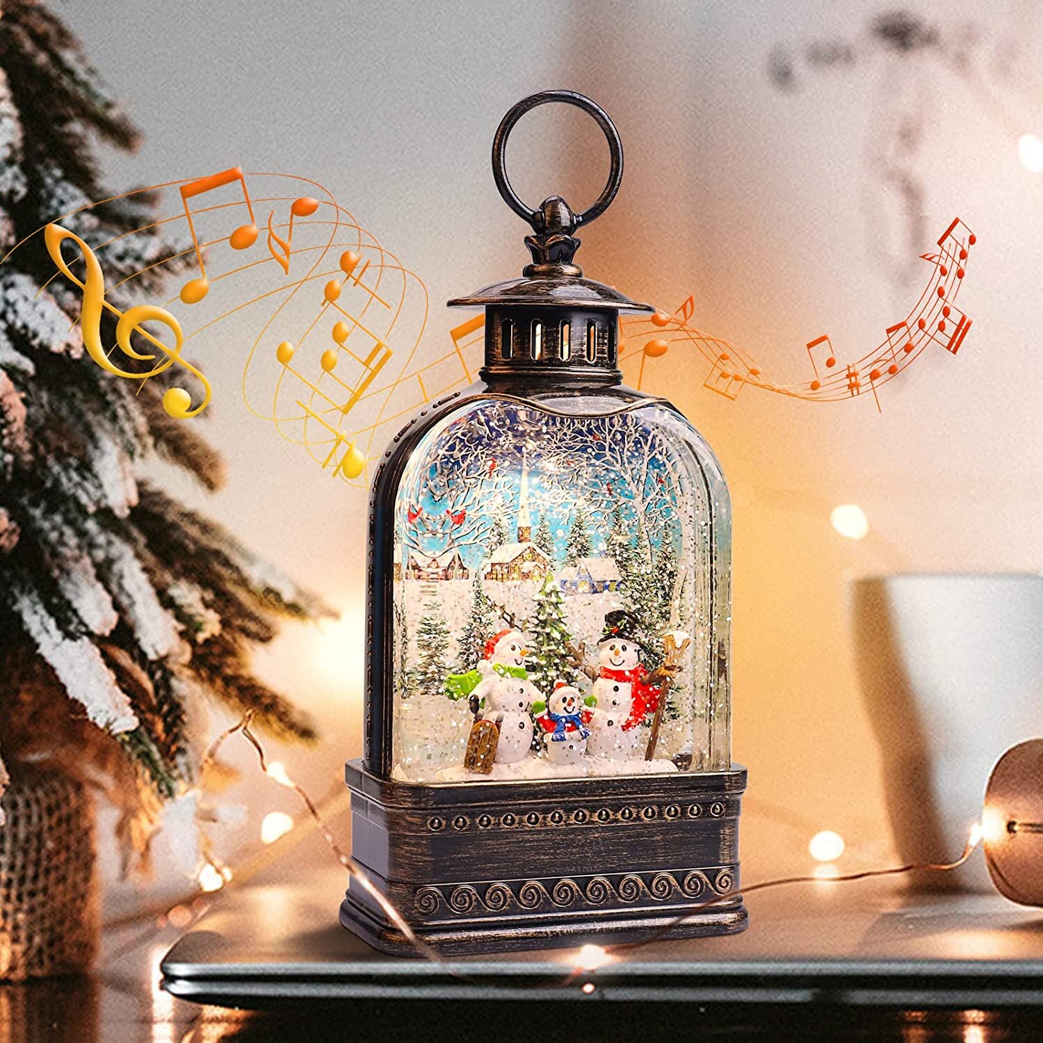 Silver Glass Christmas Tree Snow Globe Lantern Glitter Decoration Festive Home