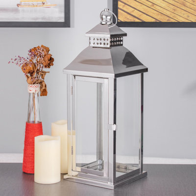 19  Prism Top Stainless Steel Metal Lantern Centerpieces Outdoor Candle Lanterns  b2 Everly Quinn Color Silver