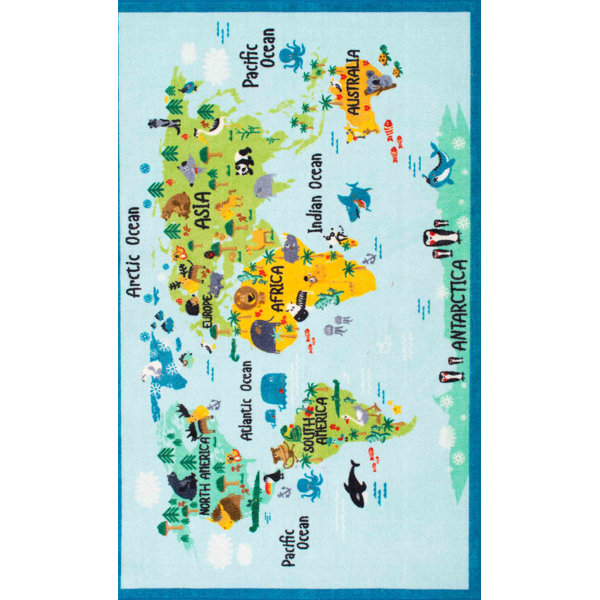 Rhea Kids Animal World Map Blue/Green Area Rug