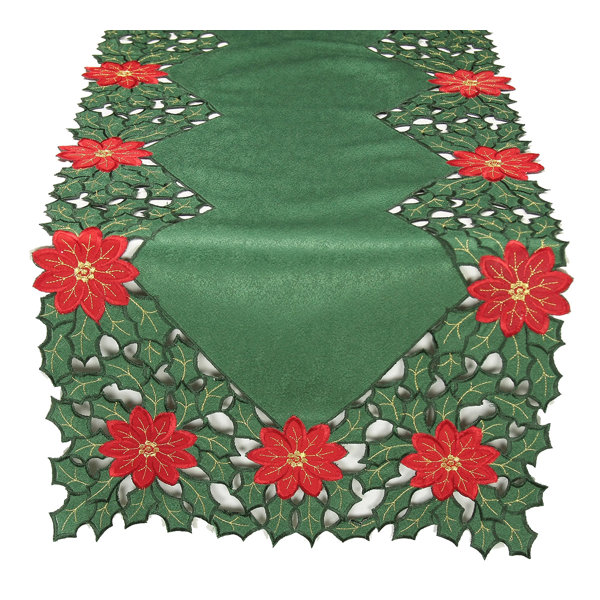 Holly Leaf Poinsettia Embroidered Cutwork Holiday Table Runner by Xia Home Fashions
