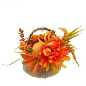 Autumn Harvest Burlap Desktop Pumpkin with Flowers and Fruit Thanksgiving Decoration Floral Arrangement in Basket