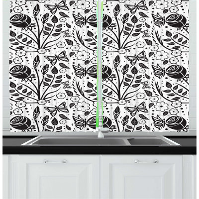 Floral Monochromatic Butterfly Rose Flowers Peduncles Twigs Buds Illustration Kitchen Curtain East Urban Home