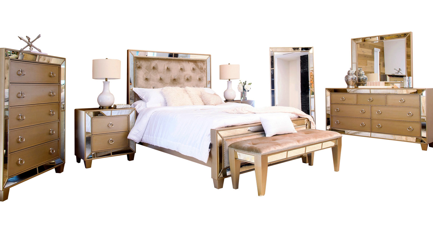 Willa Arlo Interiors Alasdair Mirrored Tufted Platform 8 Piece Alasdair Mirrored Tufted Platform 8 Piece Bedroom Set