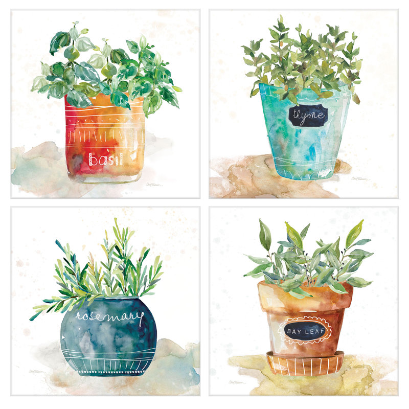 Gracie Oaks Potted Basil Bay Leaf Rosemary Thyme Herbs 4 Piece Watercolor Painting Print Set On Wrapped Canvas Reviews Wayfair