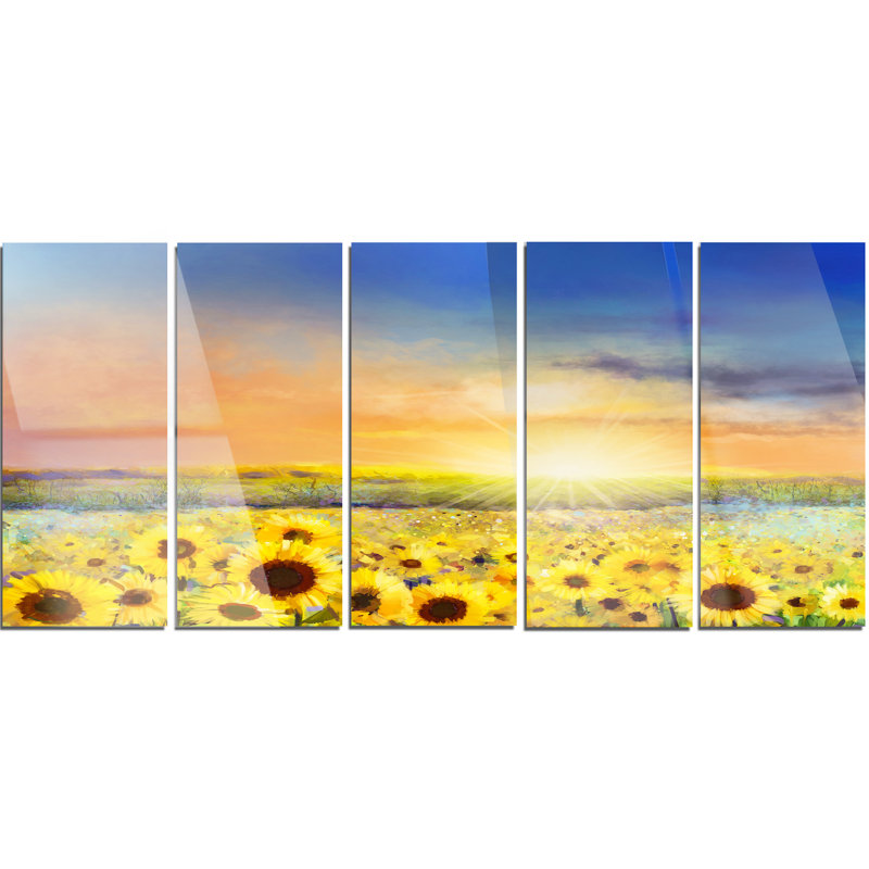 Designart Sunset Over Golden Sunflower Field 5 Piece Painting
