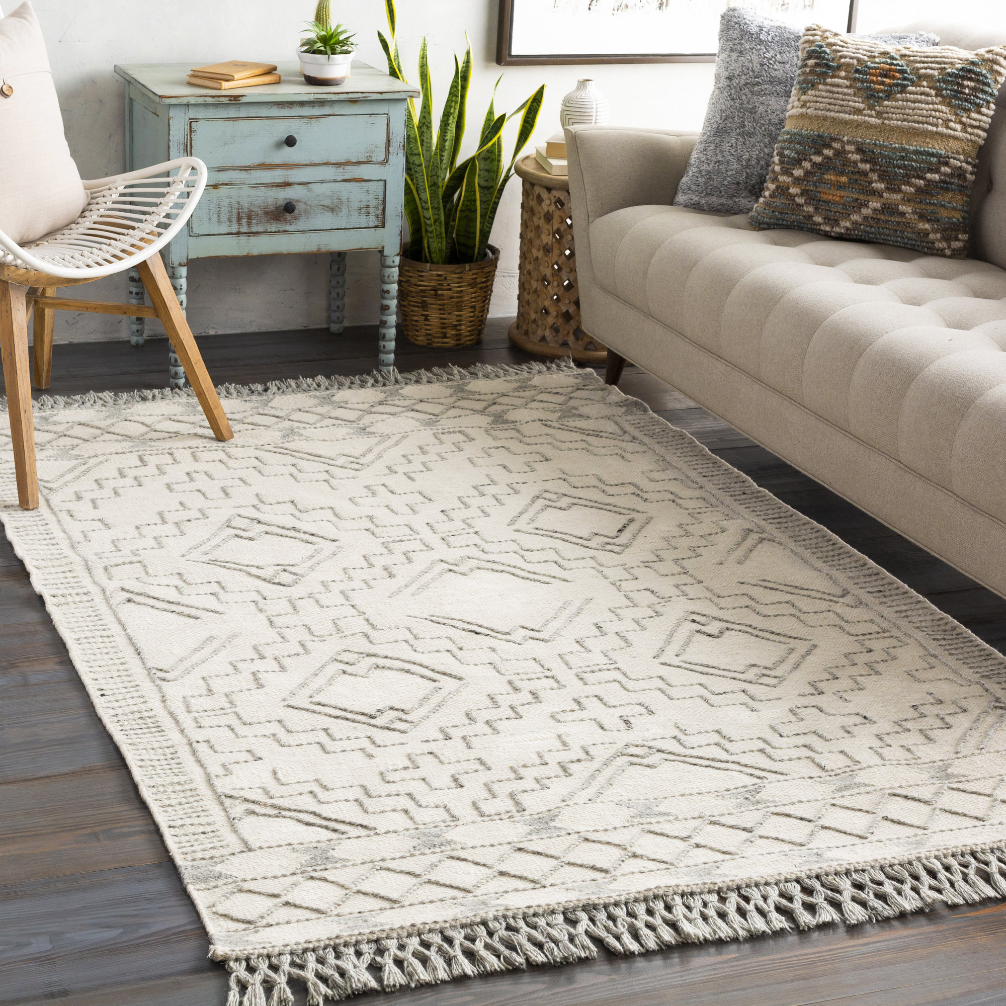 Union Rustic Hilley Geometric Hand Tufted Wool Cream Gray Area Rug Union Rustic Hilley Geometric Hand