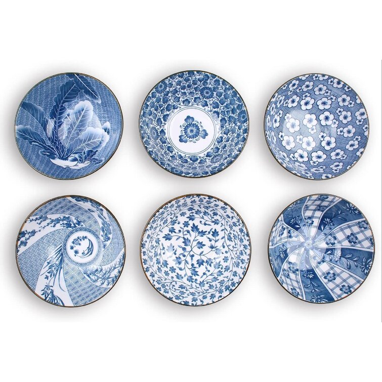 Salad 20-Ounce Assorted Blue and White Patterns, Soup Deep Bowls for Cereal 