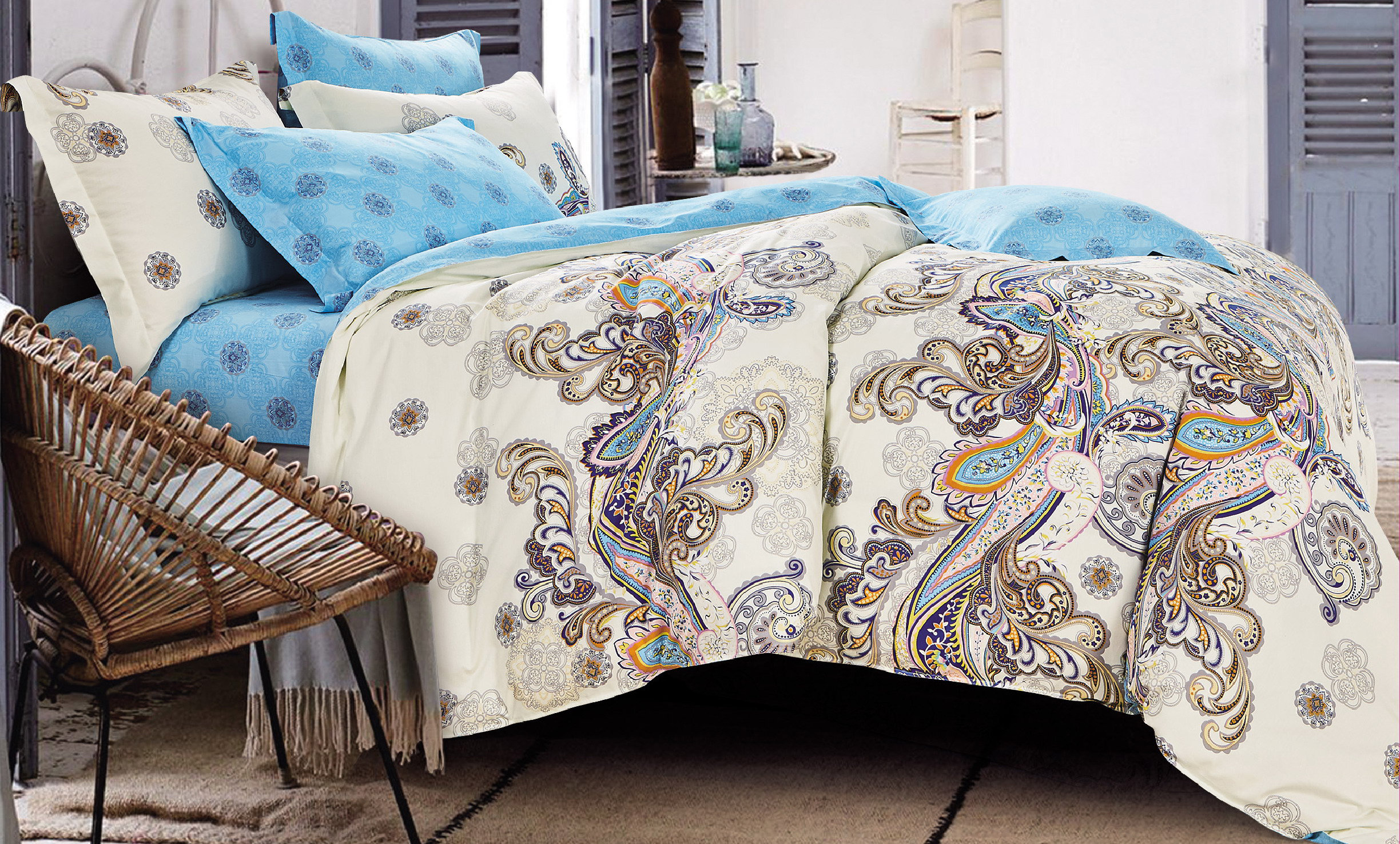 100/% Premium Cotton Reversible Design Aqua Geometric Printed Duvet Cover Set