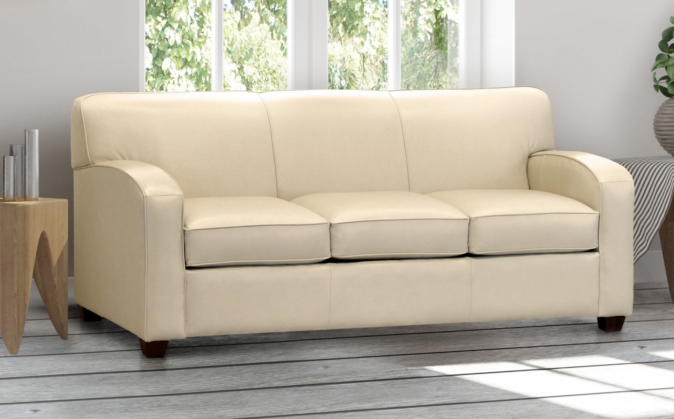 Ebern Designs Made In Usa Mcturck Cream Top Grain Leather Sofa Bed Cream Top Grain Leather Sofa Bed