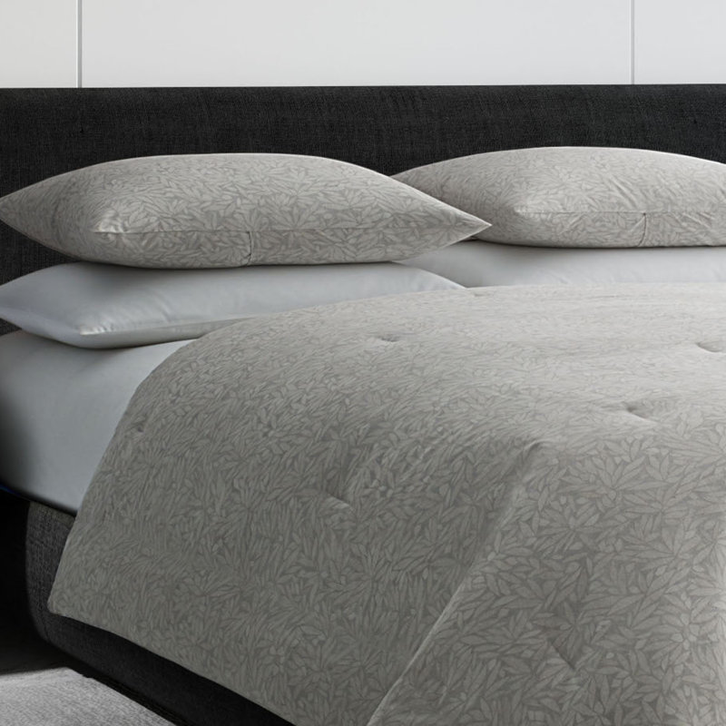 Grey Duvet Cover Set with Pillow Shams Traditional Bamboo Leaves Print