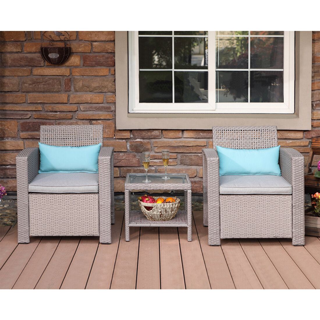 Highland Dunes 3 Piece Outdoor Patio Furniture Taupe Wicker Armchairs W Warm Grey Cushions 2 Turquoise Lumbar Pillows Frosted Glass Top Table Bistro Set Reviews Wayfair Ca