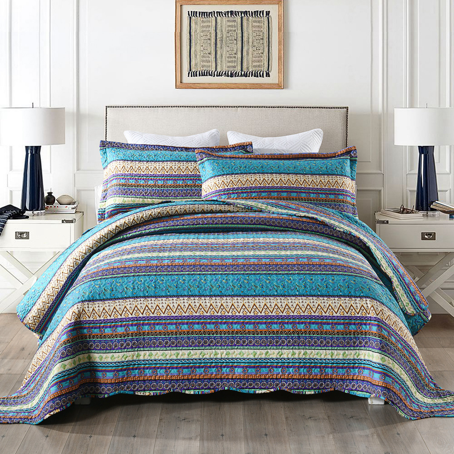 King Size NEWLAKE Striped Classical Cotton 3-Piece Patchwork Bedspread Quilt Sets