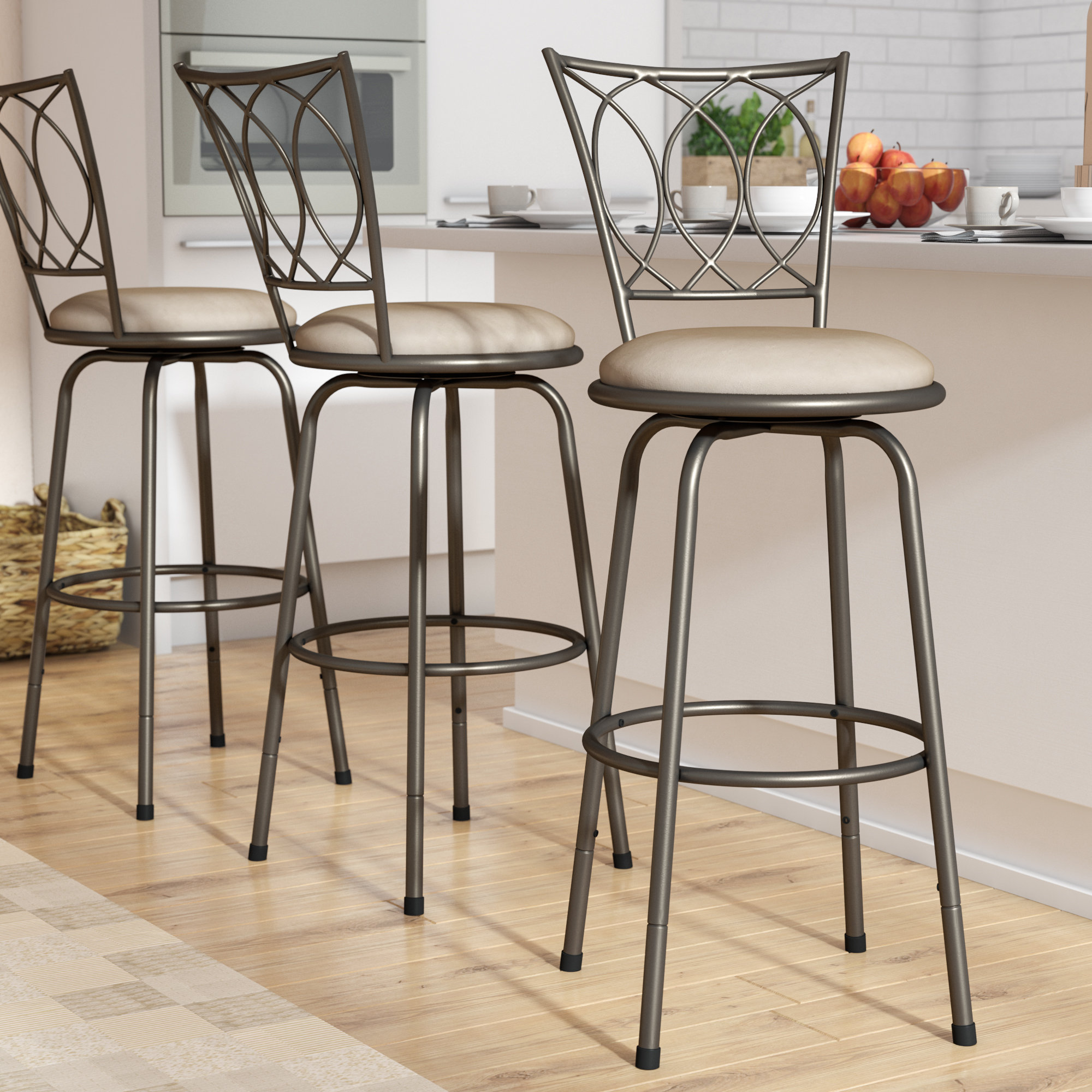 3 Padded Metal Stools Swivel Adjustable Bar Height Bronze Kitchen